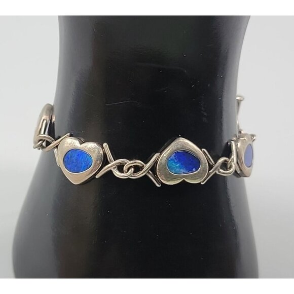 Blue Opal Sterling Silver Hearts &amp; X Links Bracelet Vintage WK 925 China SZ - Picture 1 of 15